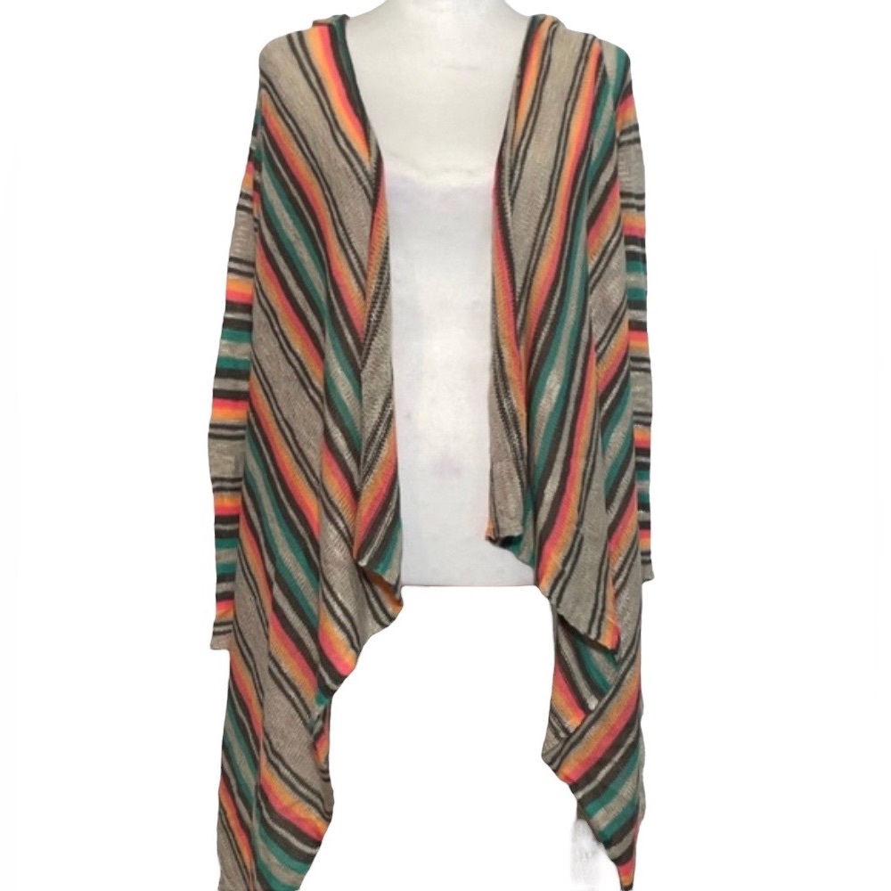 Self Esteem Khaki Multicolor Hooded Open Front Fringe Trim Sweater Shrug XS